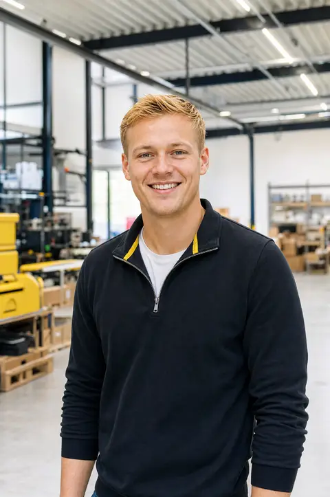 Lachende technicus in een licht magazijn
